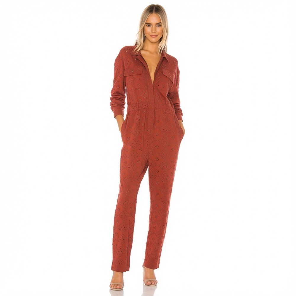 Free People Set The Tone Jumpsuit Terracotta Eyelet Cotton Utility Romper Size 2